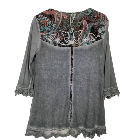 Soft Surroundings Tunic Top Shirt Women Small Gray Paisley Embroidered Lace Trim - Picture 3 of 16